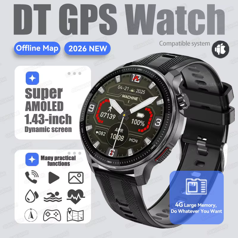 Nouvelle Montre Connectée GPS 2026 pour Hommes avec Cartes Mondiales, Stockage 4 Go, Lecteur Musique