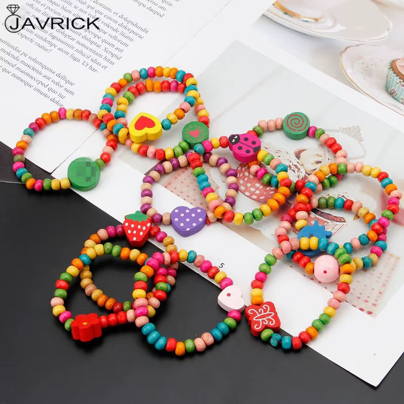 12 pièces/ensemble Bracelets en bois colorés petites filles Bracelets Kit enfants bijoux de mode pou