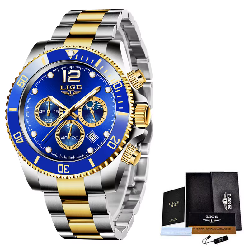 LIGE-Montre à quartz étanche en acier inoxydable pour homme, horloge noire et dorée, marque supérieu