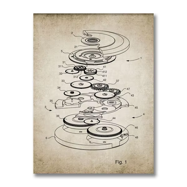 Montre à remontage automatique, imprimés schématiques, Design de montre, brevet, affiche Vintage, fa