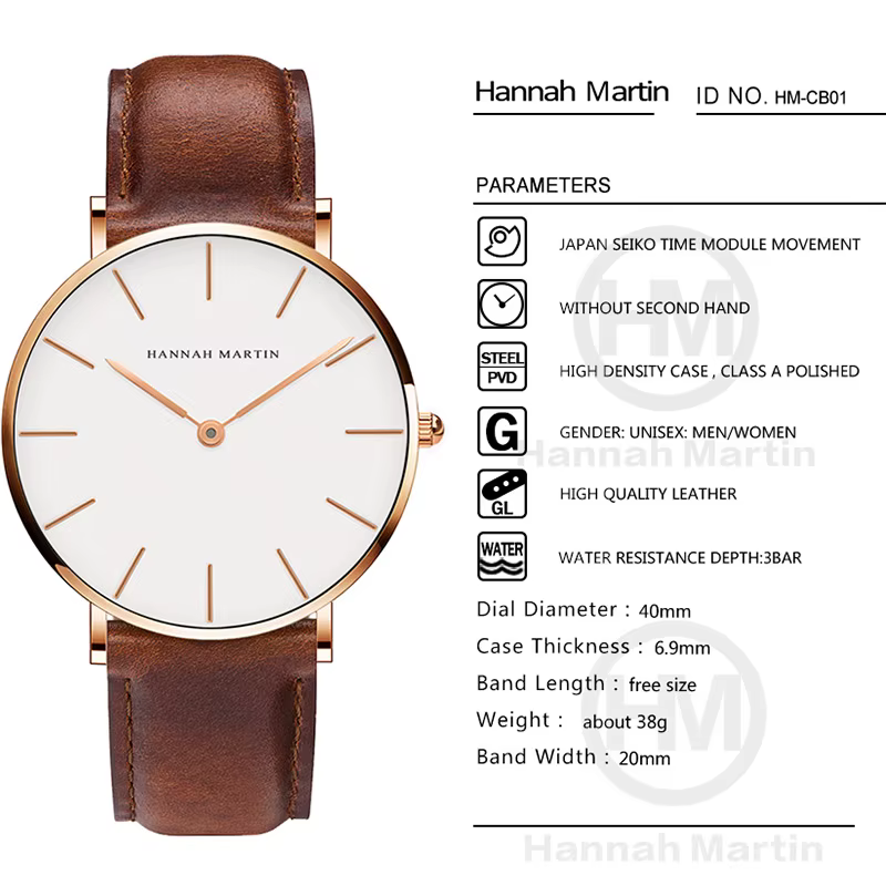 Hannah Martin marque mode japon montres à Quartz argent marron cuir hommes montre étanche robe montr