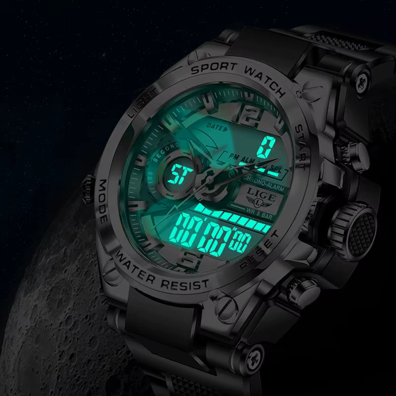 LIGE numérique hommes montre militaire 50m étanche montre-bracelet LED Quartz horloge Sport montre m