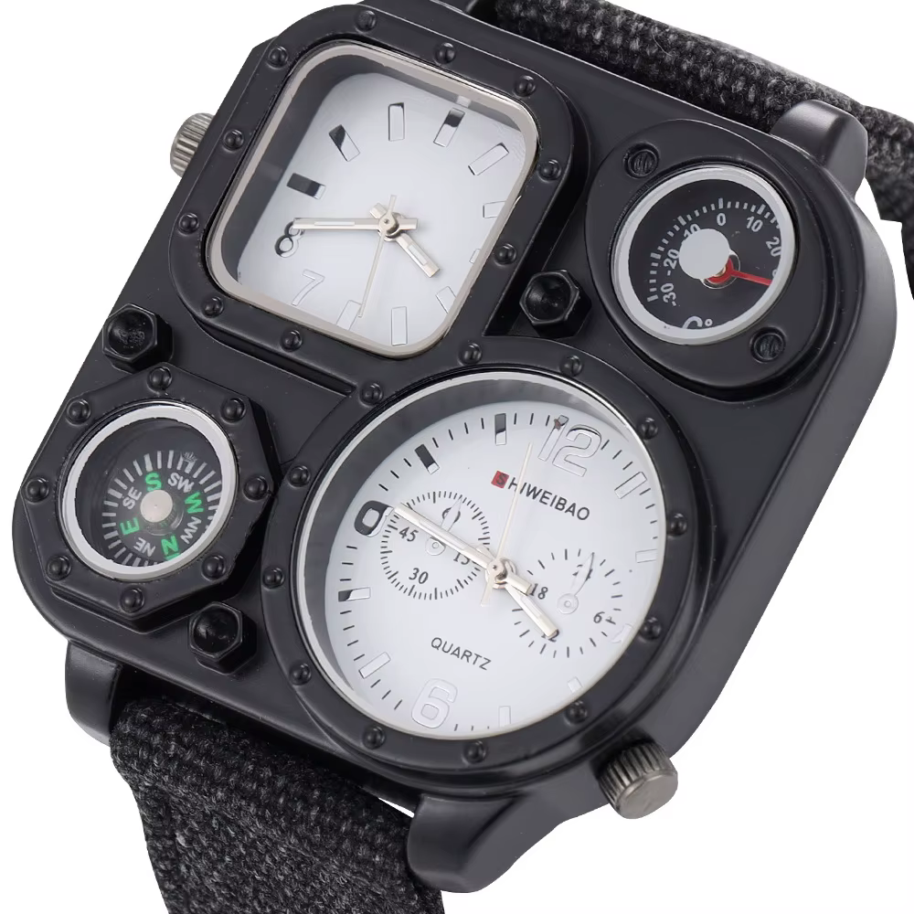 Montre de Sport pour hommes, grand cadran, double mouvement, à Quartz, boussole militaire, en toile