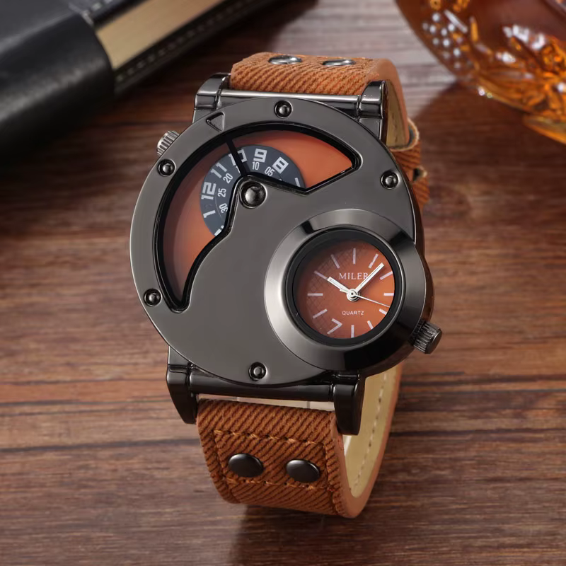 Montres de sport bleues pour hommes, 2 fuseaux horaires, toile bleue, bracelet en cuir, montres-brac