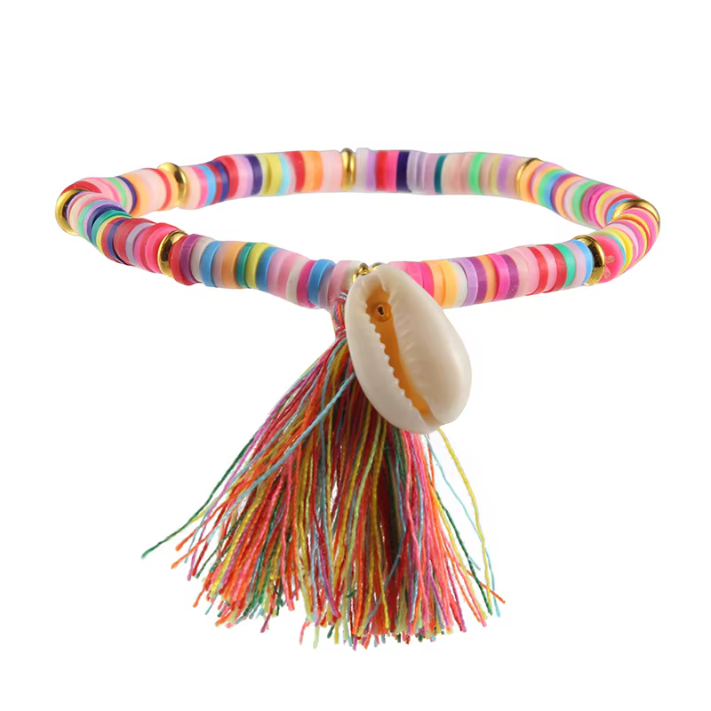 Bracelet artisanal bohème multicolore en coquillages Heishi et pampilles, 7 couleurs, extensible, po