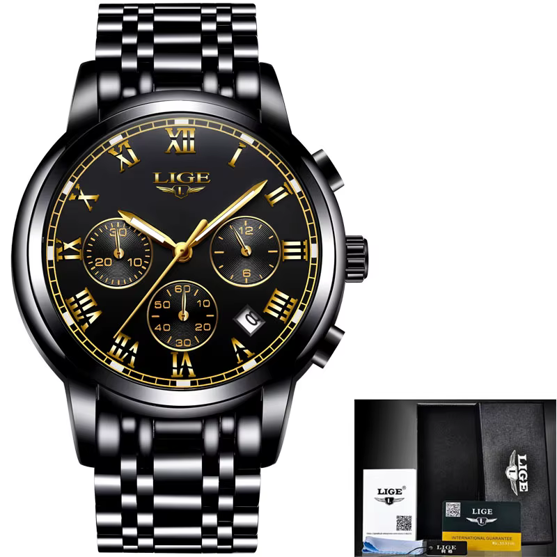 LIGE – montre de luxe en acier inoxydable pour homme, accessoire de mode, Quartz, or, étanche