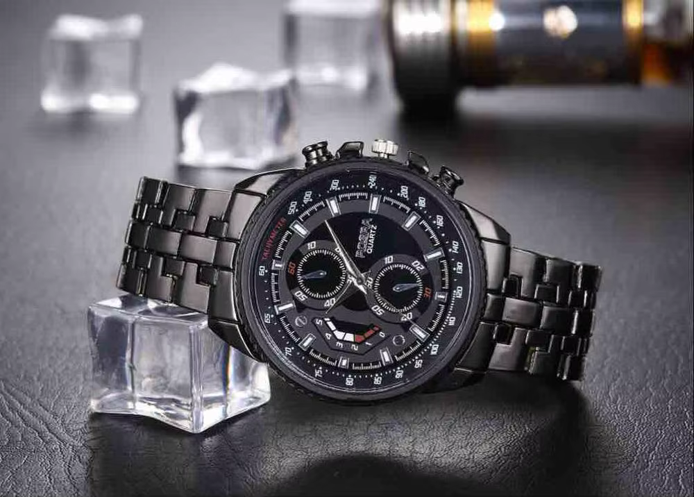 Montre de sport à quartz en acier inoxydable pour homme, montre-bracelet noire