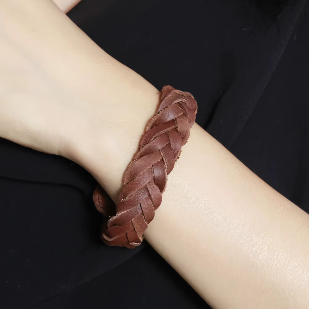 Bracelet Vintage en cuir véritable tressé pour hommes et femmes, bracelet large style punk, chaîne e