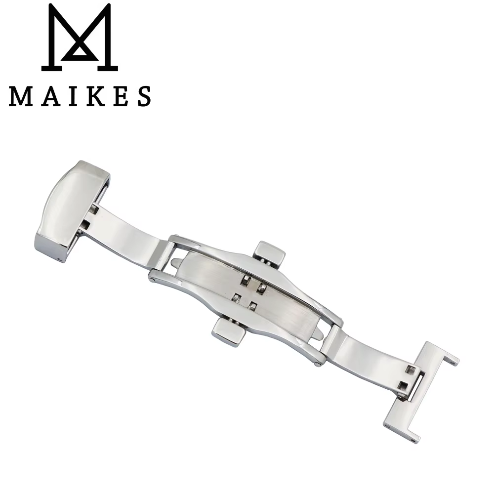 MAIKES-Bracelet de montre avec déploiement de papillon argenté, fermoir à double bouton-poussoir, ac