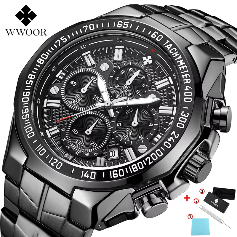 WWOOR-Montre de sport à quartz pour homme, marque de luxe, chronographe, date, chaussure, noir, enti