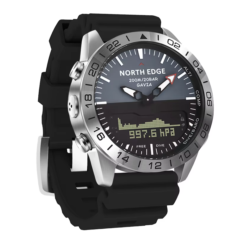Montre homme en acier inoxydable, quartz, sport, plongée, étanche 200M, analogique-digitale, altimèt