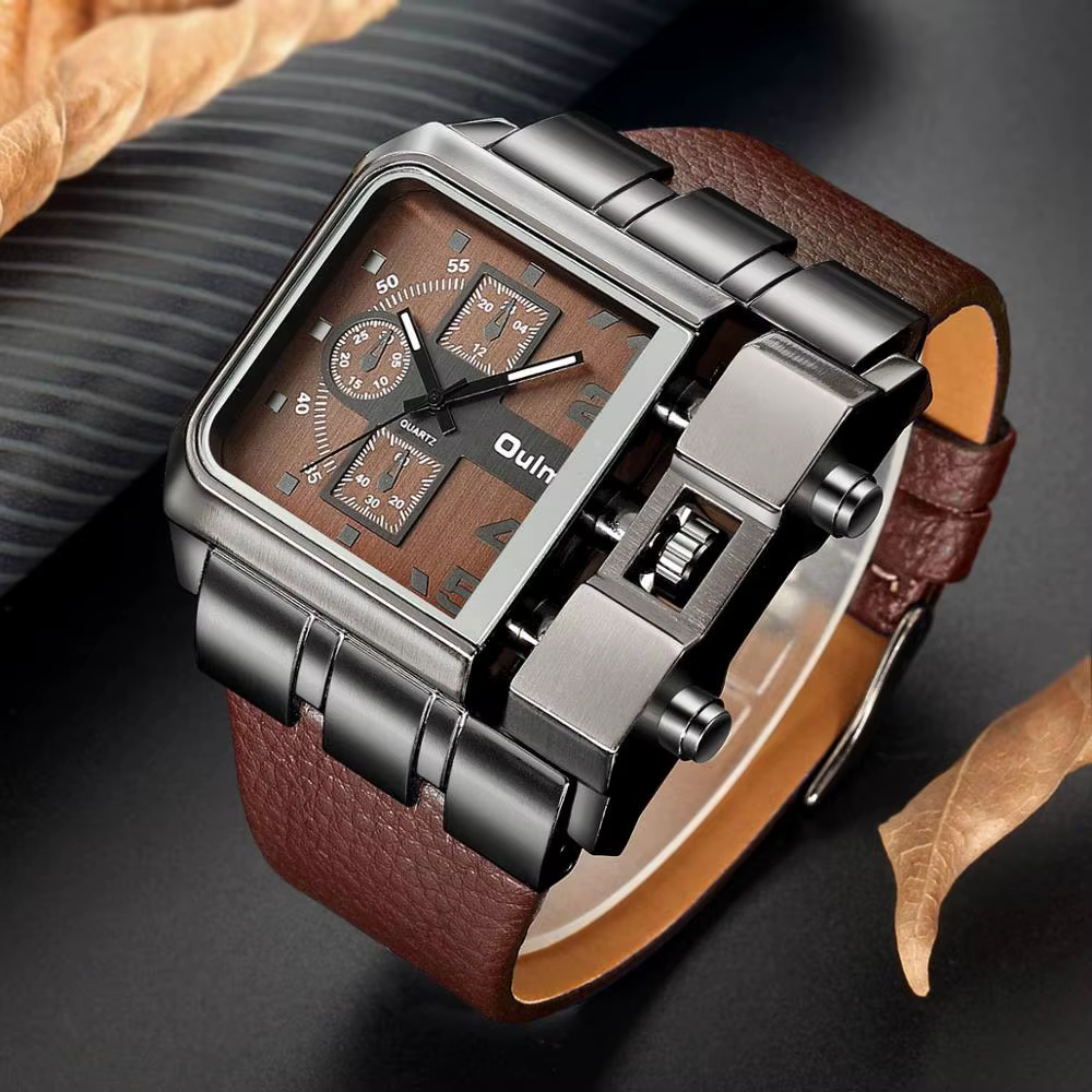 Oulm – montre à grand cadran carré en cuir PU pour homme, marque de luxe, Sport, Quartz, 3364