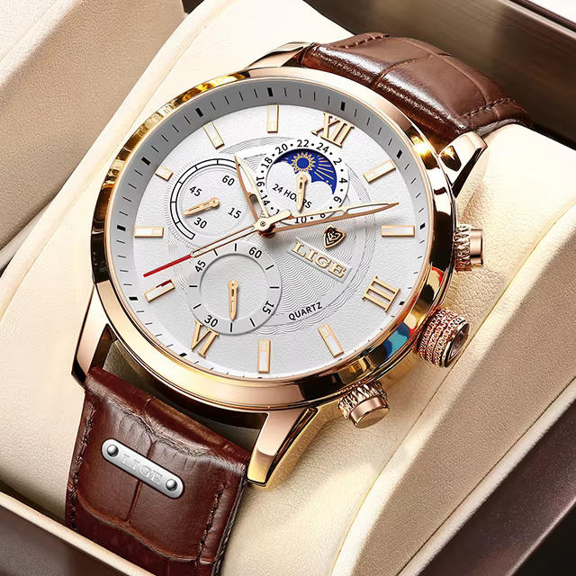 2025 LIGE montres hommes Top marque horloge de luxe décontracté en cuir 24 heures Phase de lune homm