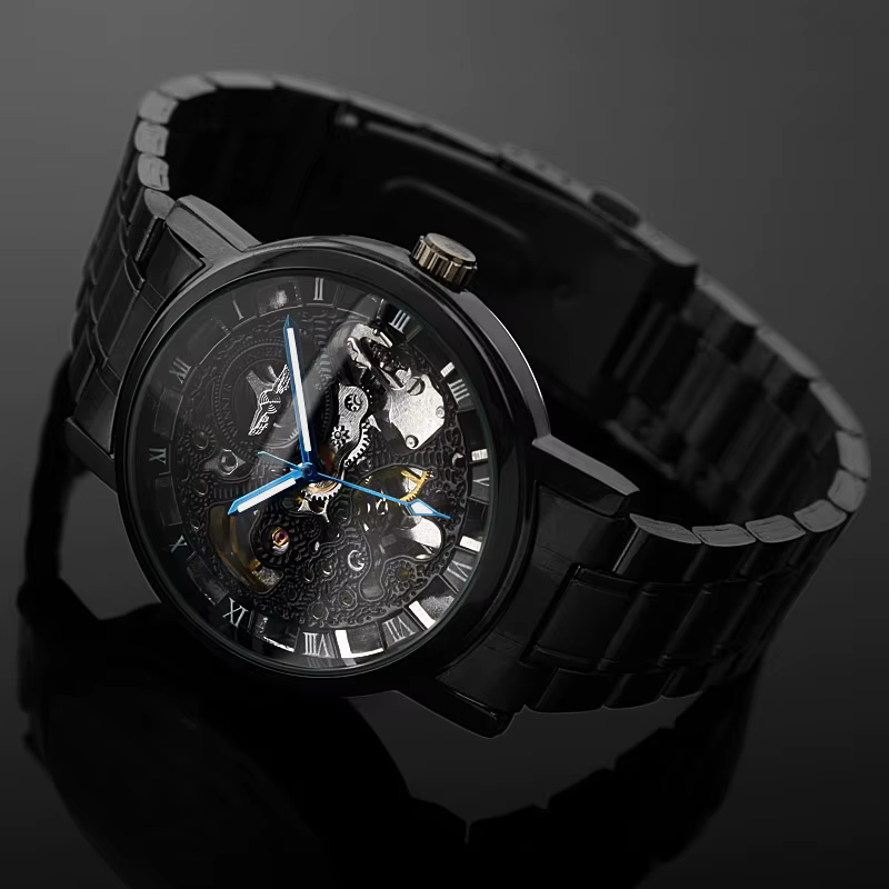 Gagnant noir hommes montre Cool mécanique automatique montre-bracelet en acier inoxydable bande mâle