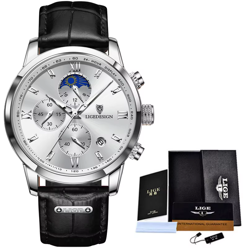 LIGE-Montre étanche en cuir pour homme, montres de sport militaire, chronographe à quartz, marque su