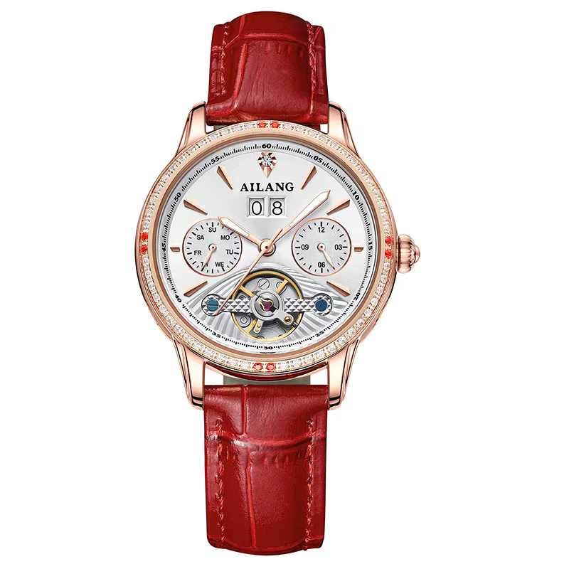 AILANG Montre mécanique automatique à tourbillon pour femme, avec lunette en cristal, affichage de l
