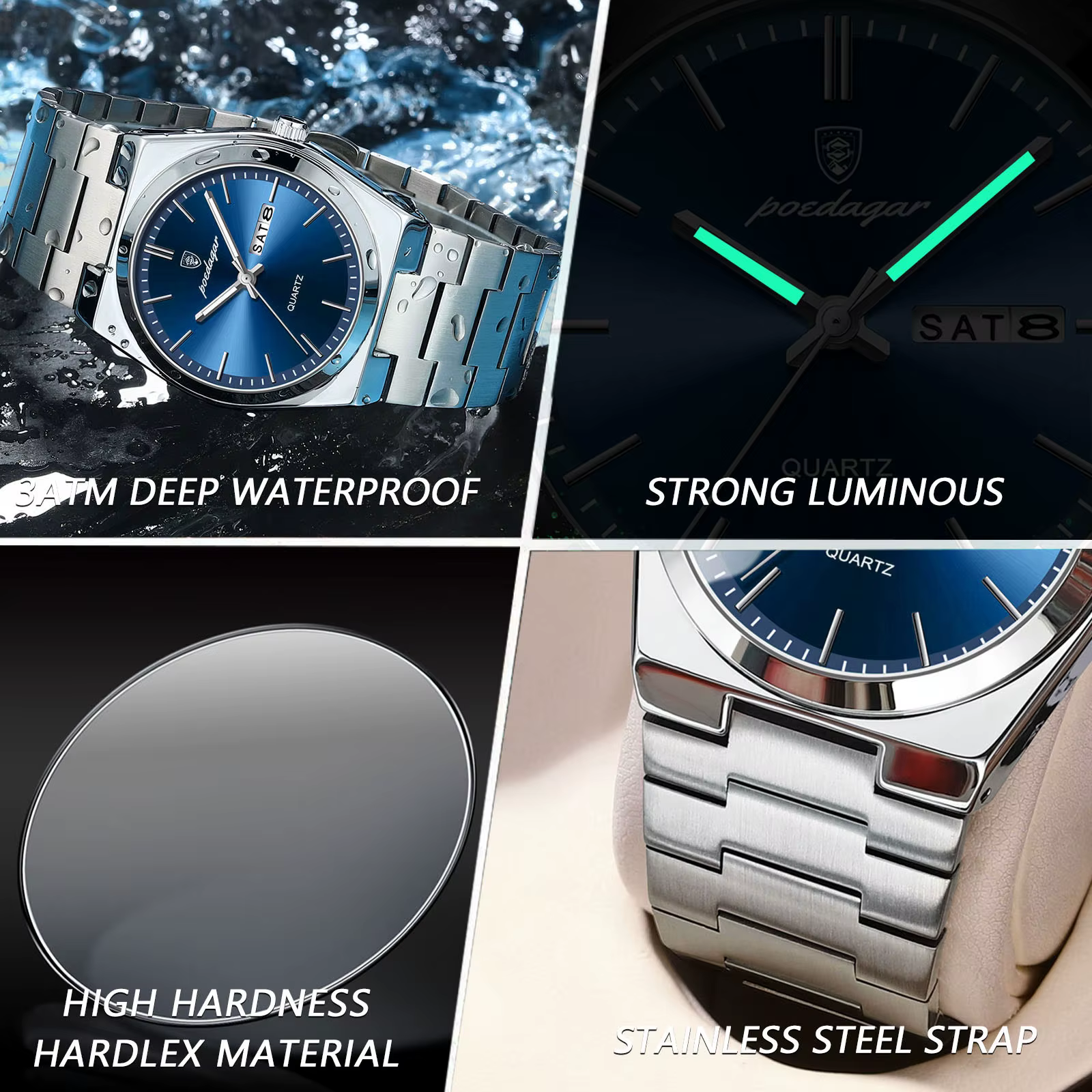 POEDAGAR montres de luxe pour hommes en acier inoxydable étanche lumineux homme montre Date semaine