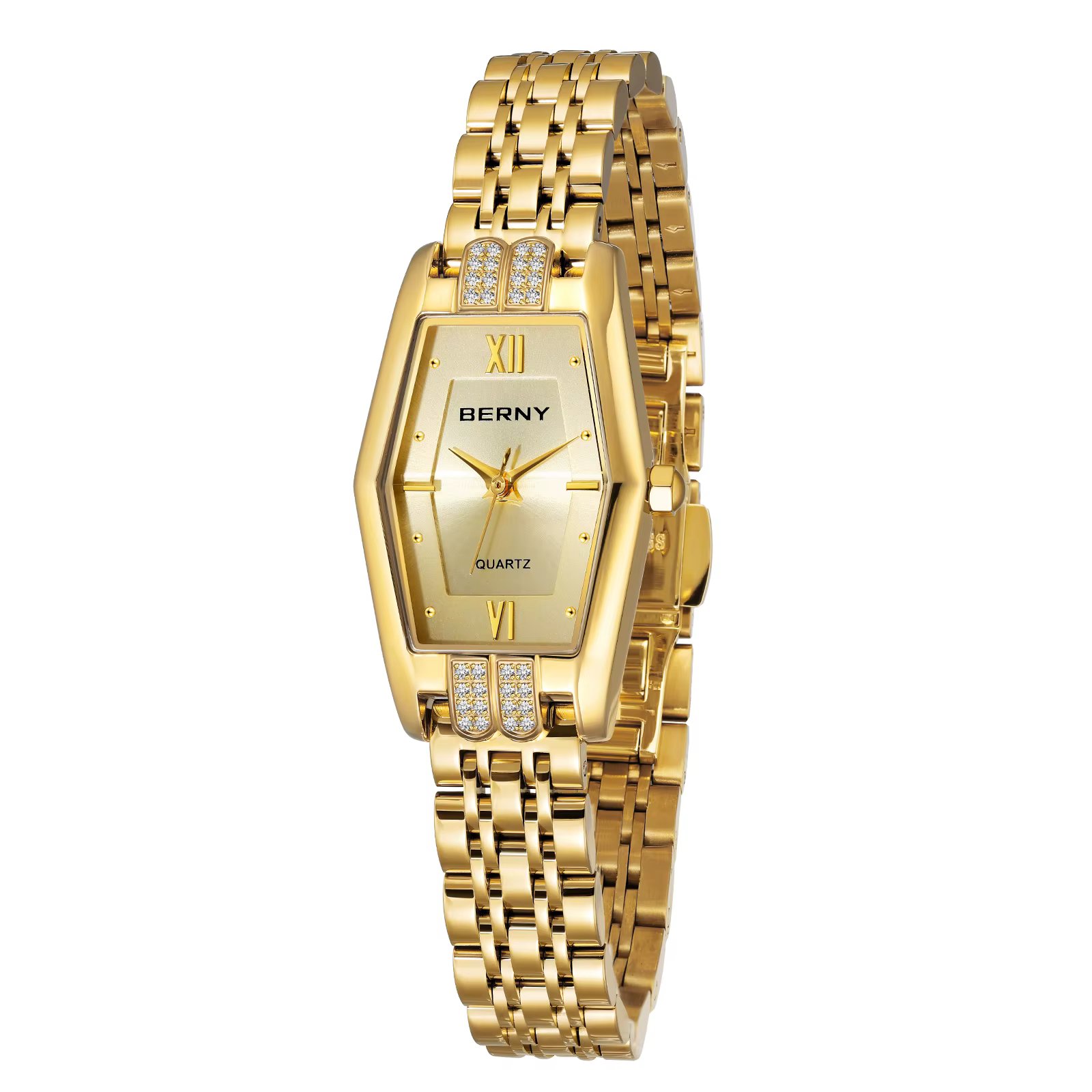 BERNY montres en or pour femmes élégant délicat hexagone dames montres à Quartz bande en acier inoxy