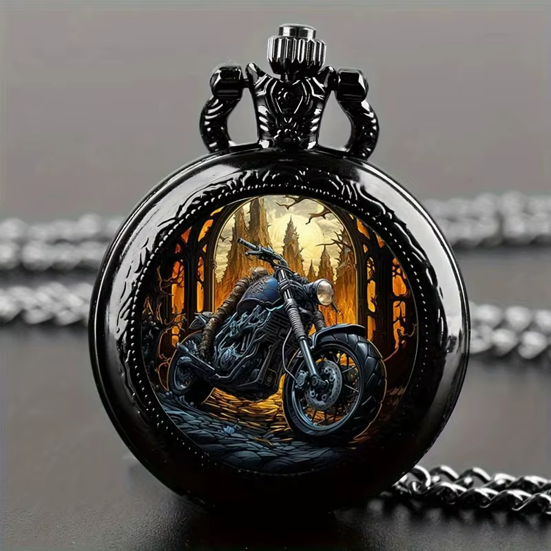 Montre de poche à quartz de moto noire vintage, pendentif de collier avec fonction heure mondiale