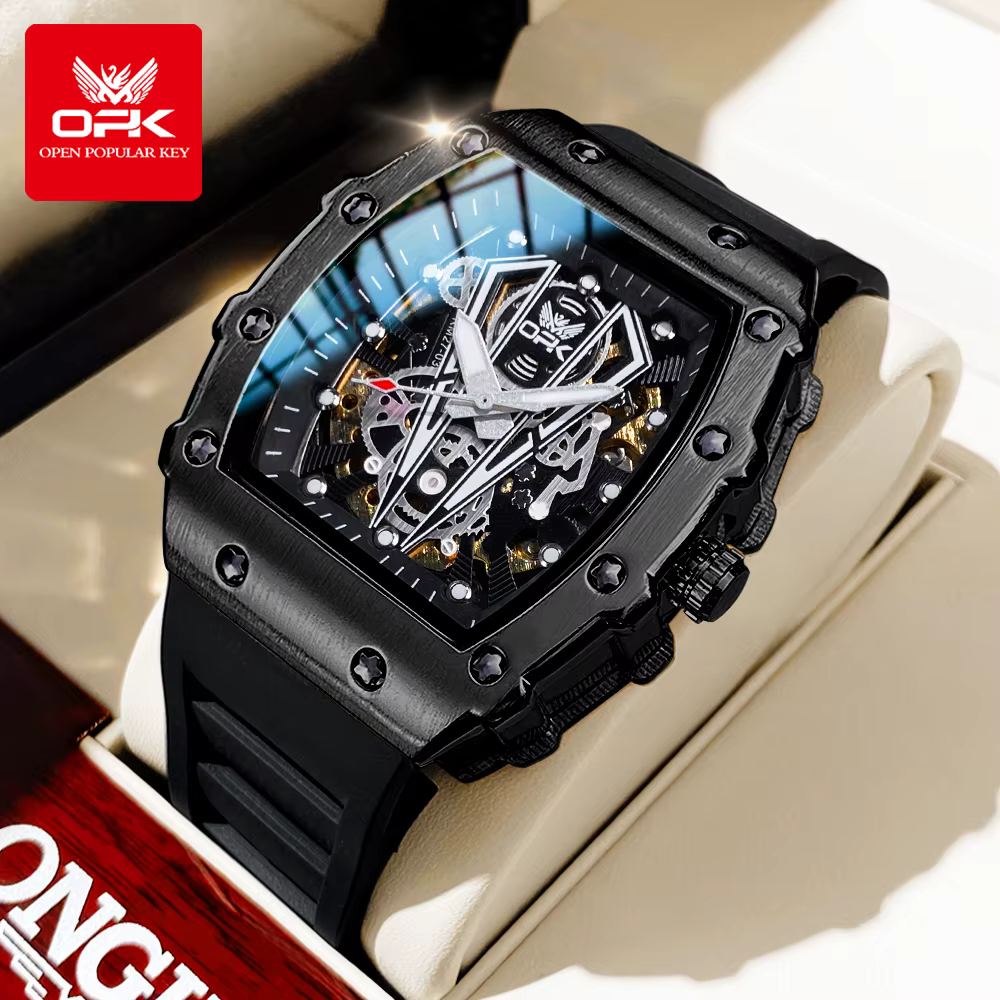 OPK 8180 homme montre bracelet en Silicone mode décontracté Tonneau cadran creux conception étanche