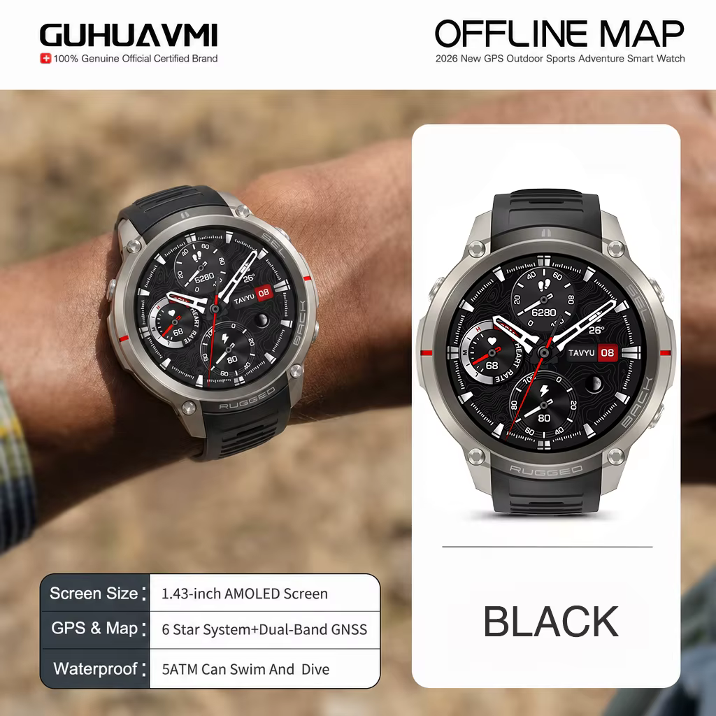 Montre connectée GPS intégrée, boussole extérieure, altimètre, étanche 5ATM, AMOLED HD, appels Bluet