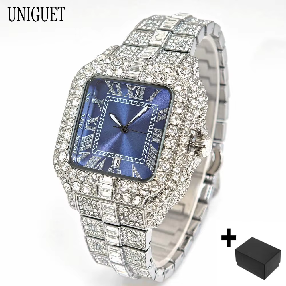 UNIGUET montre carrée pour hommes mode glacé montres à Quartz homme Hip Hop diamant bijoux montre-br