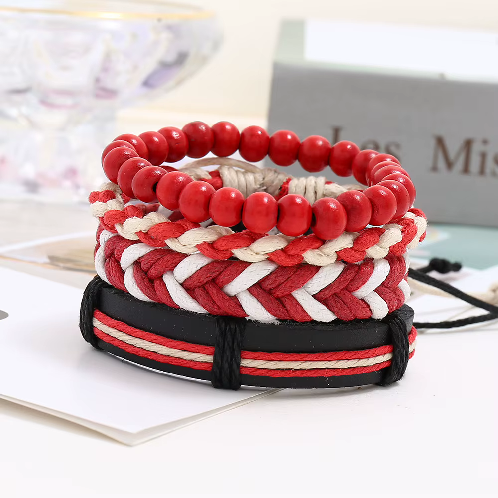 Bracelet classique en cuir tressé rouge pour homme, bracelet multicouche tissé à la main, cadeau de