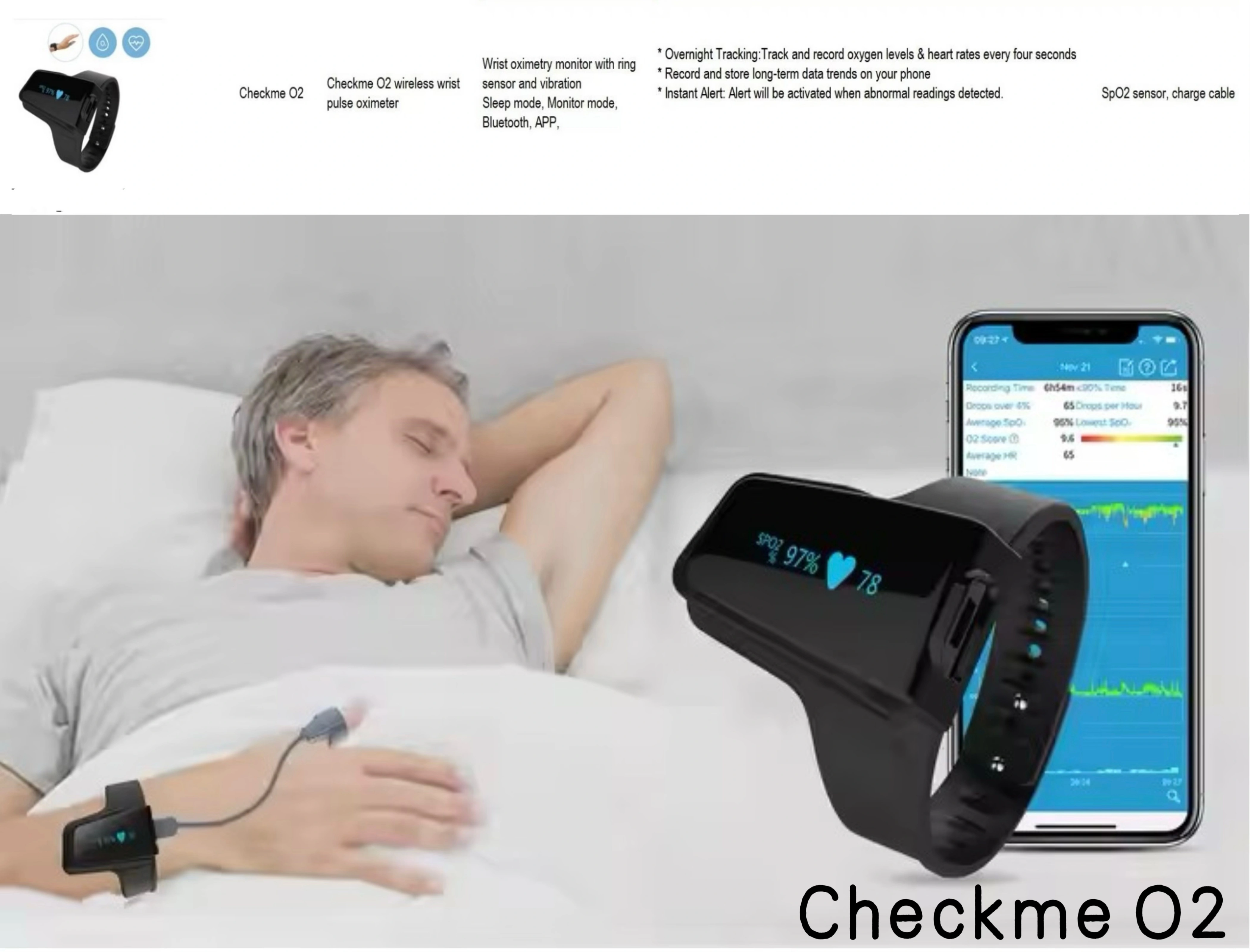 Oxymètre de poignet Bluetooth Spo2, moniteur permanent de fréquence cardiaque, pouls, portable, alar