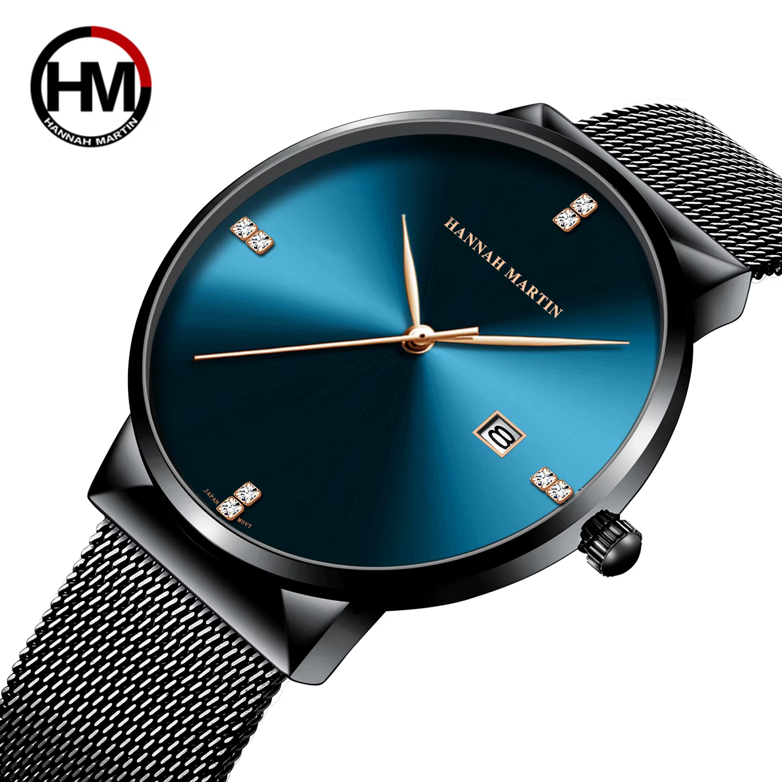 Hannah Martin montre pour hommes avec mouvement importé japonais affaires en acier inoxydable maille