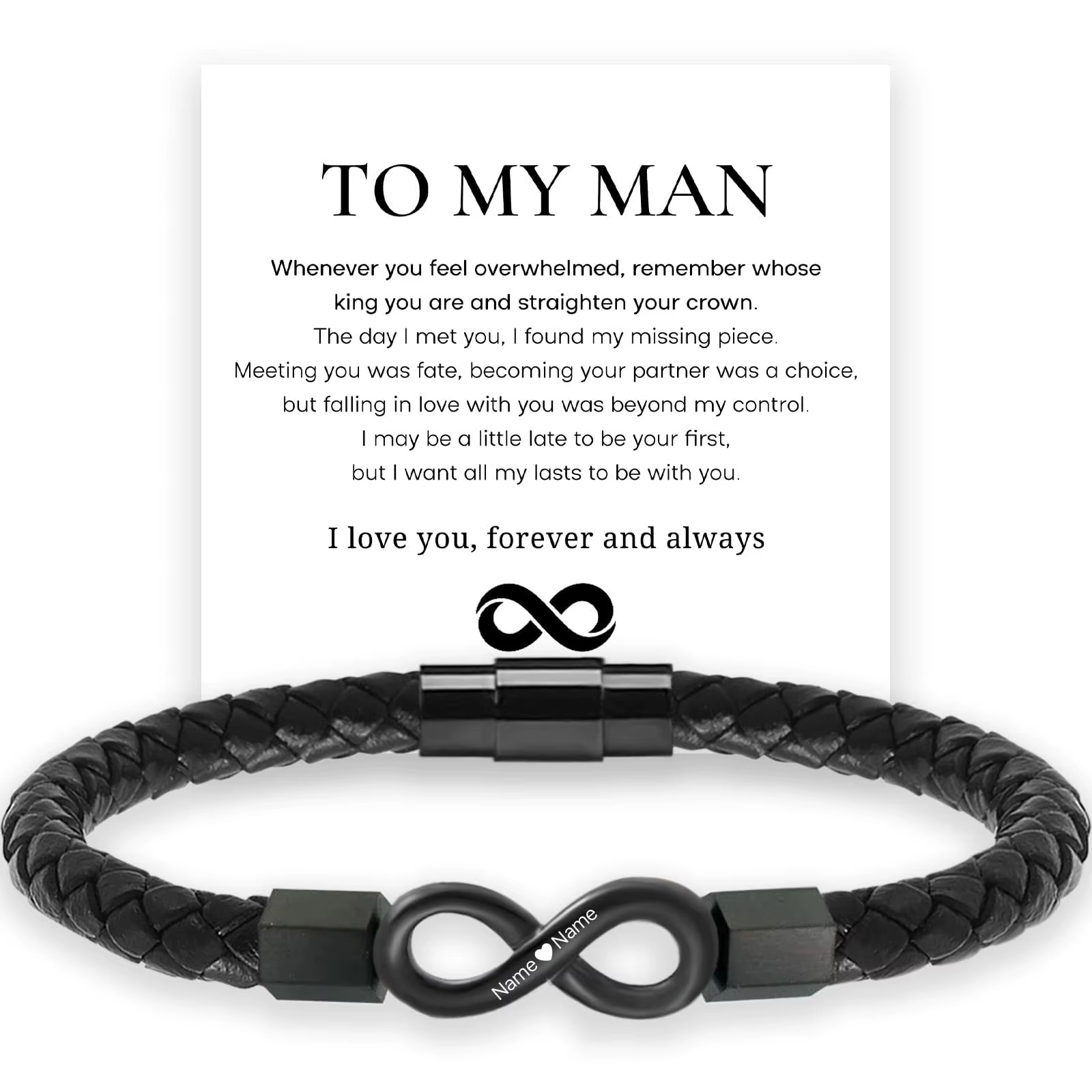 To My Man Bracelet en cuir Infinity personnalisé à double nom, bracelet tressé en acier inoxydable a