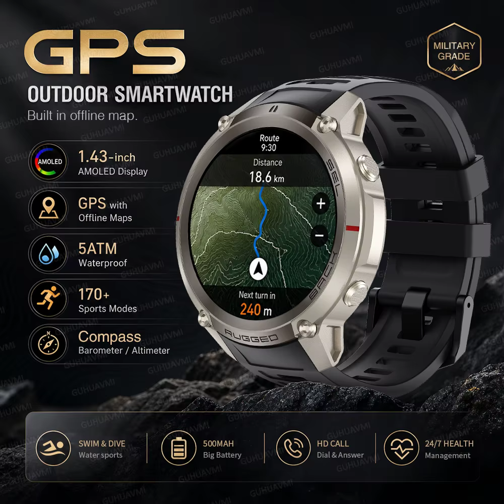 Montre connectée GPS d'extérieur, avec carte hors ligne, boussole, altimètre, pour hommes, étanche 5