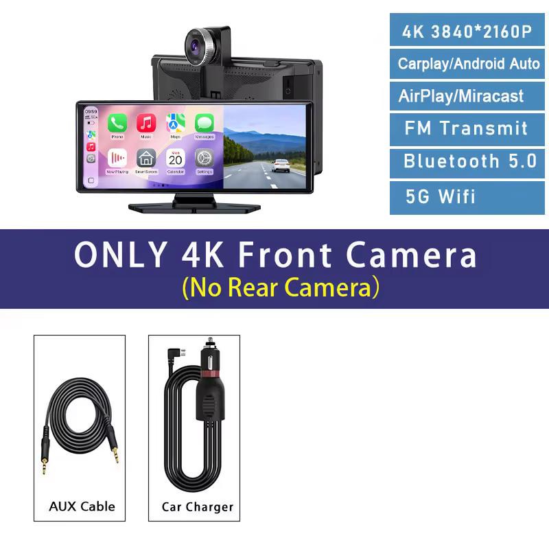 Caméra embarquée 4K 2160P avec Carplay, Android Auto, GPS, WIFI 5G, FM, BT, double objectif, caméra 