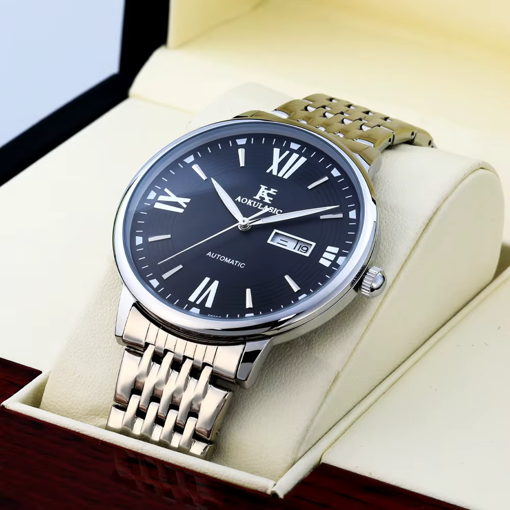 Montre mécanique automatique ultra fine pour hommes, affichage lumineux de la date et du jour, couro