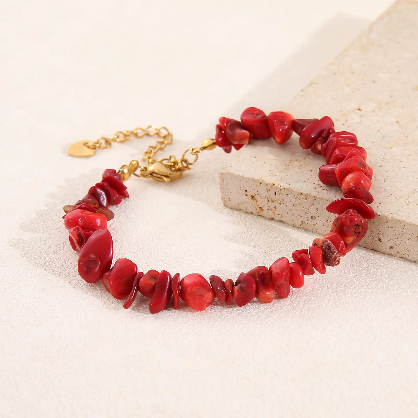 Bracelet pour femme en perles de corail rouge, acier inoxydable, réglable, fait main, plaqué or, bij