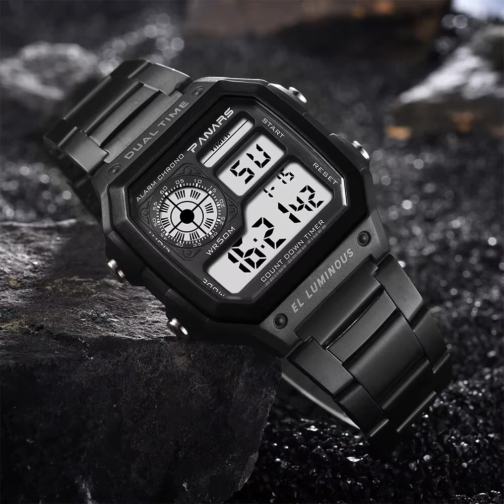 PANARS-Montre-bracelet de sport numérique étanche pour homme, bracelet en acier inoxydable, rétro-éc