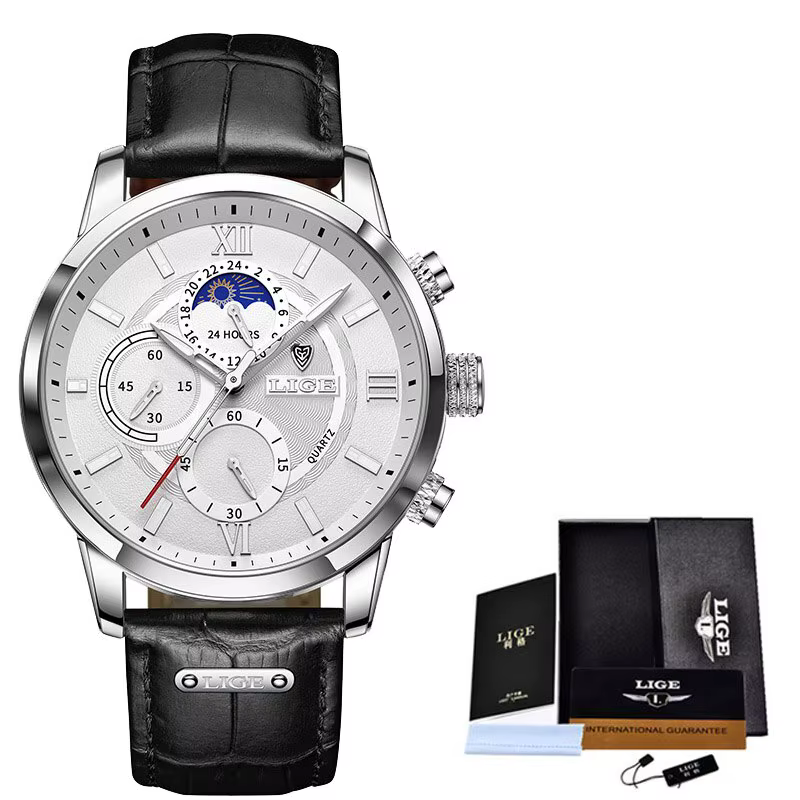 LIGE-Montre à quartz en cuir marron pour homme, montres de sport étanches, horloge décontractée, mar