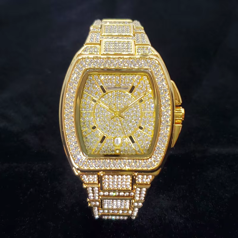 Montre en diamant de luxe pour hommes, bijoux de fête brillants, montres Hip Hop, glacé, Bling doré,