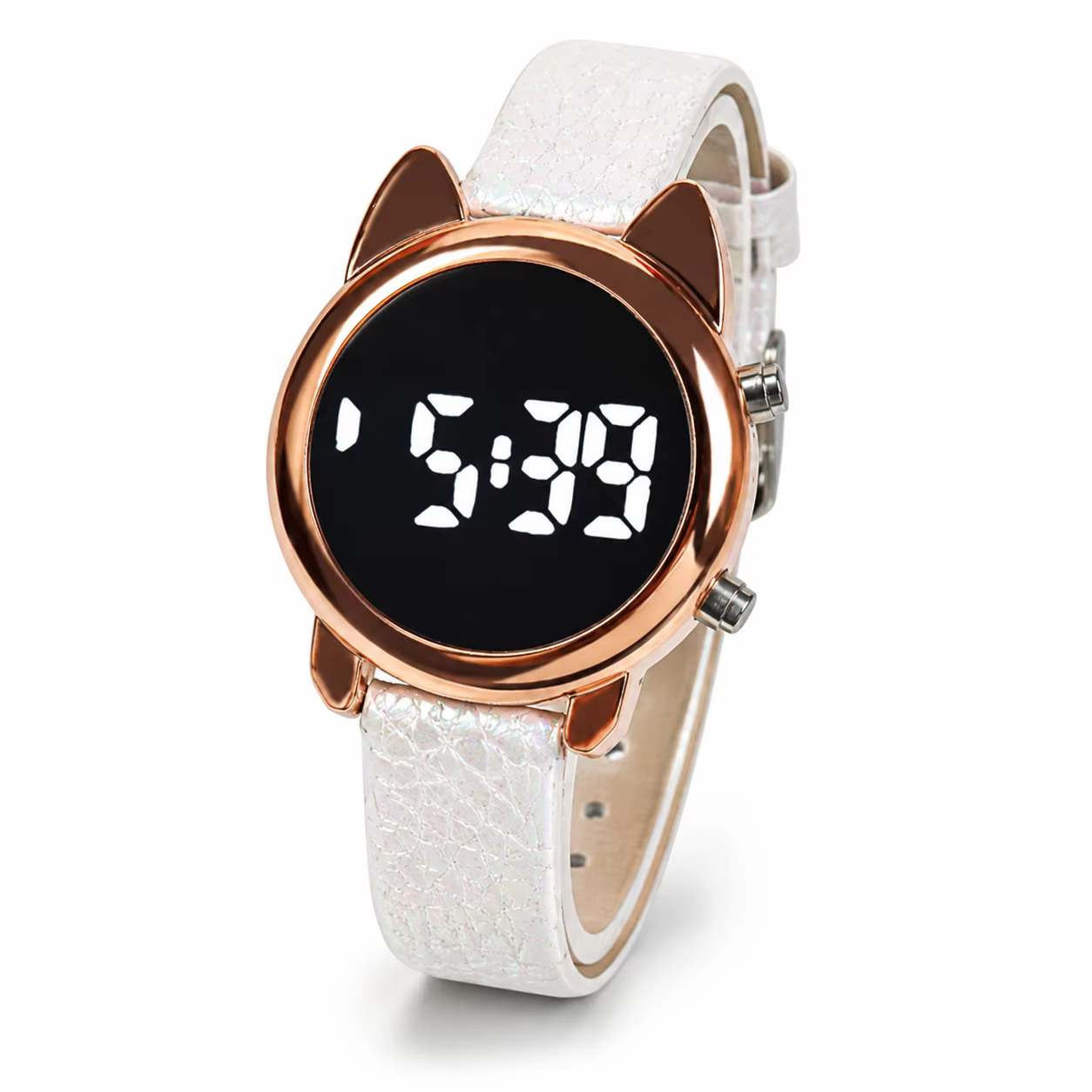 Montre numérique LED pour femme avec design oreilles de chat, boîtier en or rose, cadran miroir noir