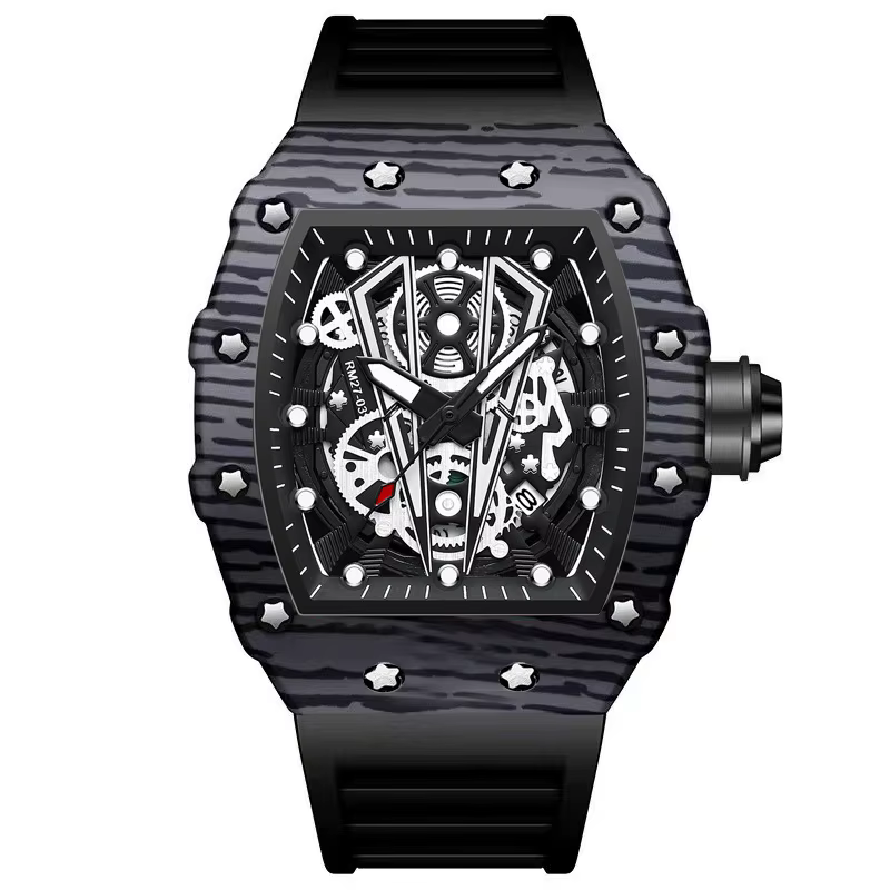 BINBOND-Montre-bracelet à quartz en silicone pour homme, miroir incurvé, surface creuse, marque domi