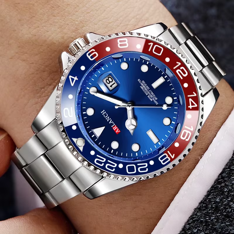 Montre d'affaires en acier inoxydable 40mm classique rouge bleu cercle série de plongée loupe calend