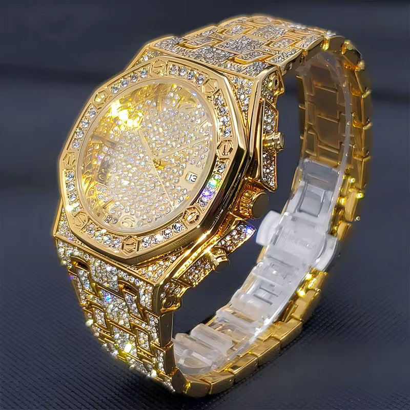 Montres en or pour hommes, montre à quartz pour hommes entièrement sertie de diamants, montre-bracel