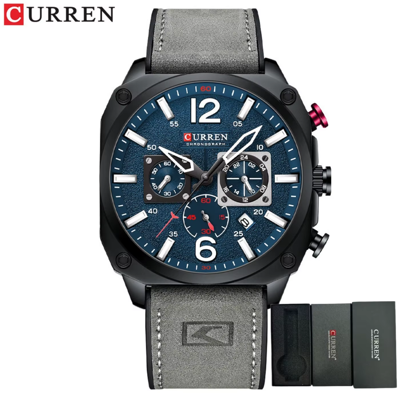 CURREN Montre chronographe carrée vintage pour homme, 44 mm, montre-bracelet à quartz sport rétro, s
