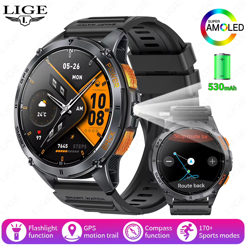 LIGE nouvelle montre intelligente GPS Premium altimètre extérieur baromètre écran AMOLED GPS intégré