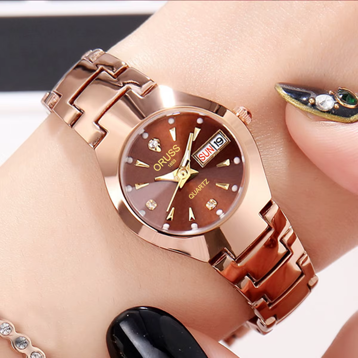 ORUSS-Montre de couple étanche pour hommes et femmes, quartz, acier inoxydable, date, semaine, horlo