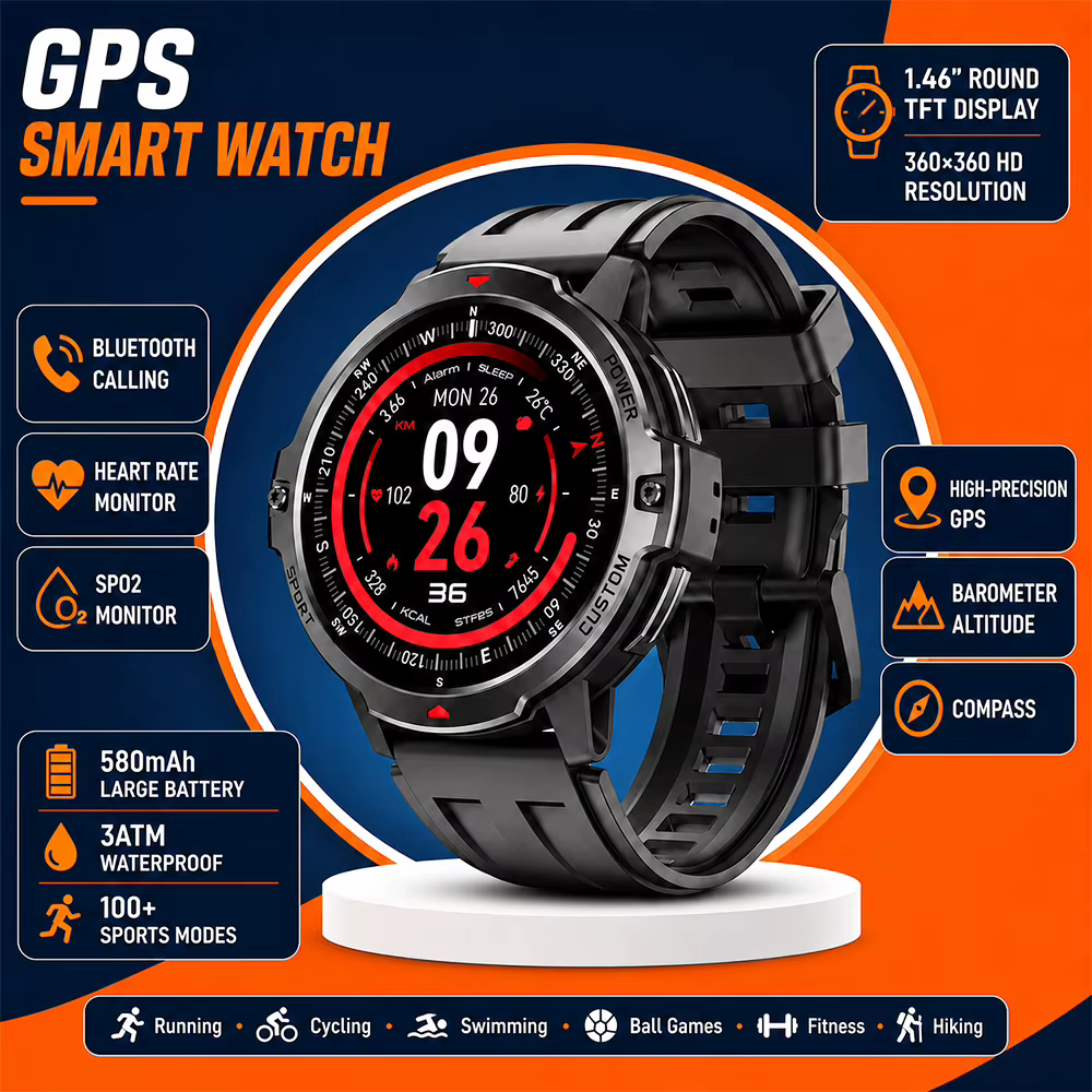 Montre connectée GPS sportive 2026 avec écran 1,46 pouces, boussole, altimètre, gyroscope 6 axes, pl