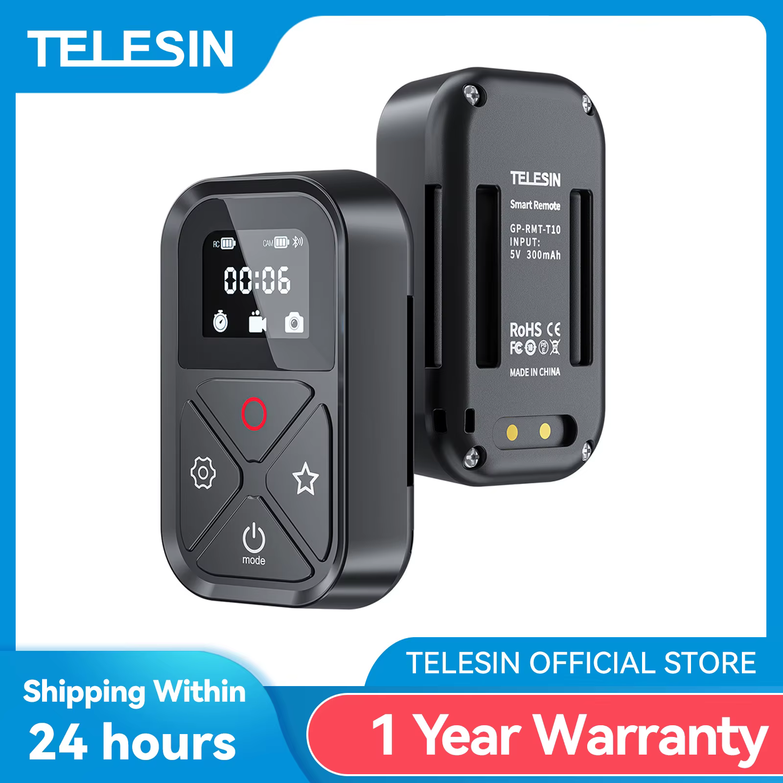 TELESIN-Télécommande Bluetooth 80M pour GoPro fore13 12 11 10 9 8 avec Touche de Raccourci, Affichag