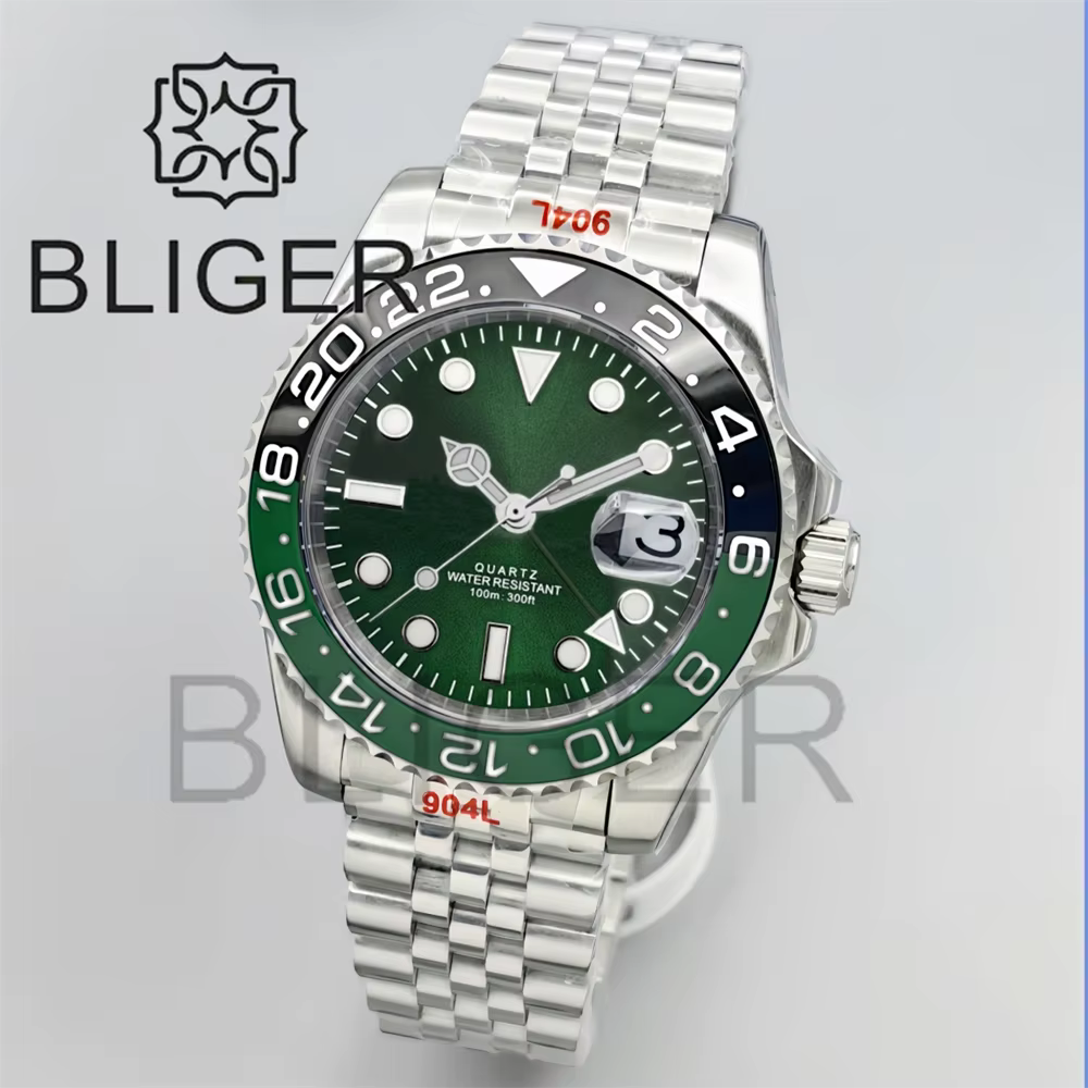 BLIGER 40mm GMT montres pour hommes 100M étanche Logo personnalisé céramique verre saphir acier inox