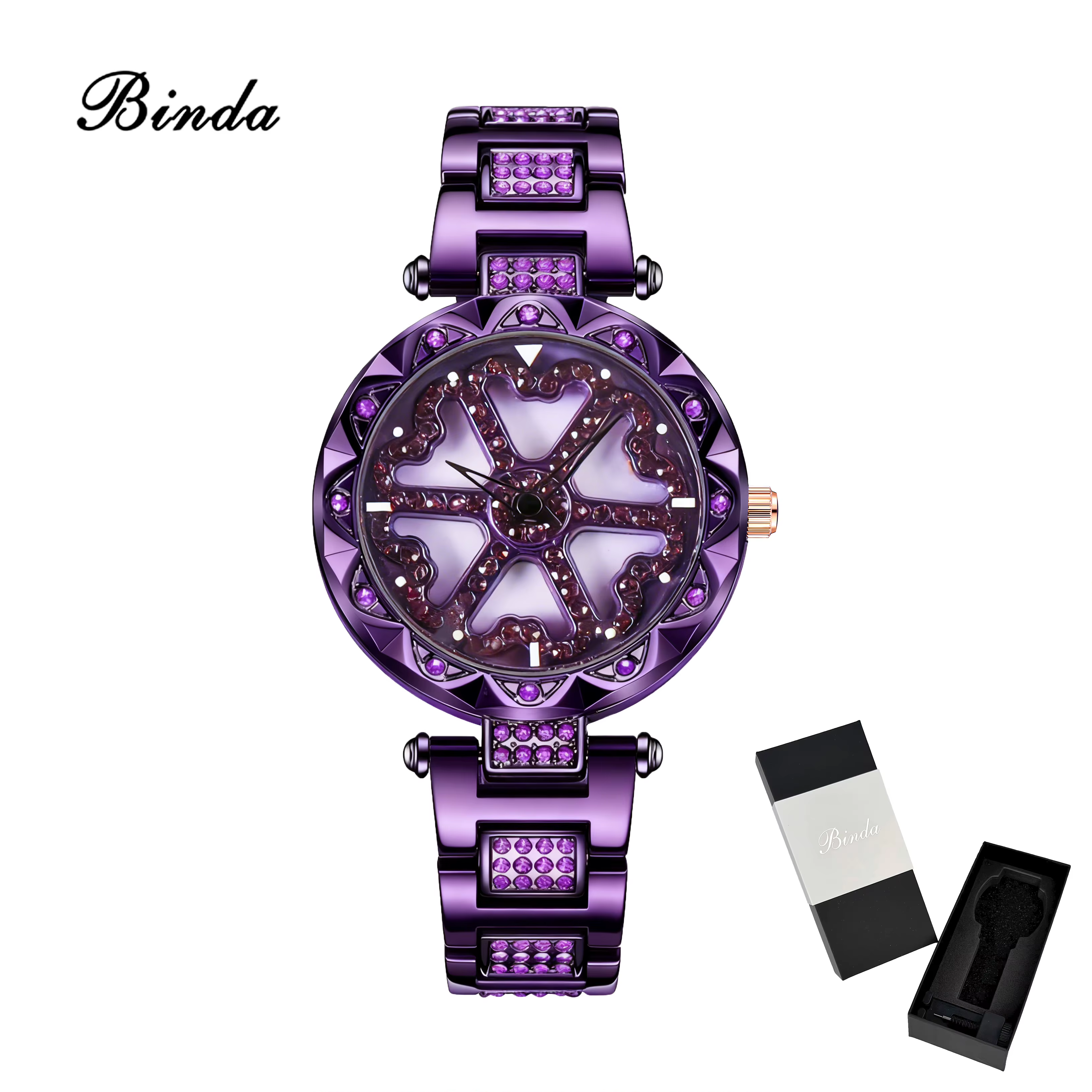 Montre à quartz Binda de luxe pour femme, entièrement sertie de cristaux, cadran rotatif, élégante e