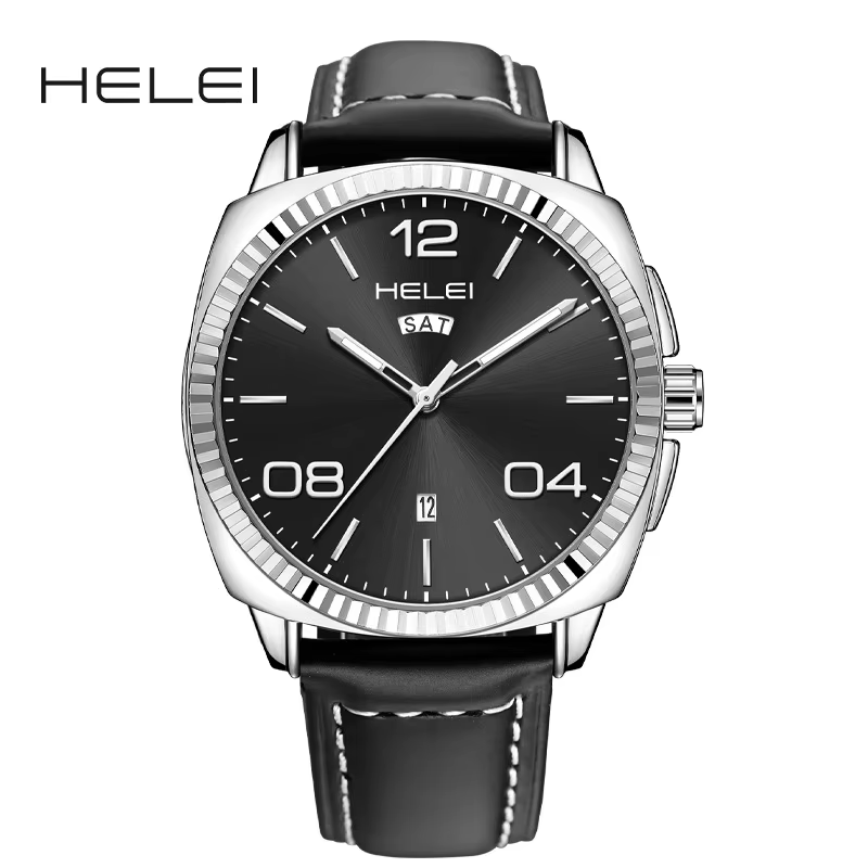 Montre pour homme HELEI Counter, authentique, à quartz, bracelet en cuir véritable, affichage du cal