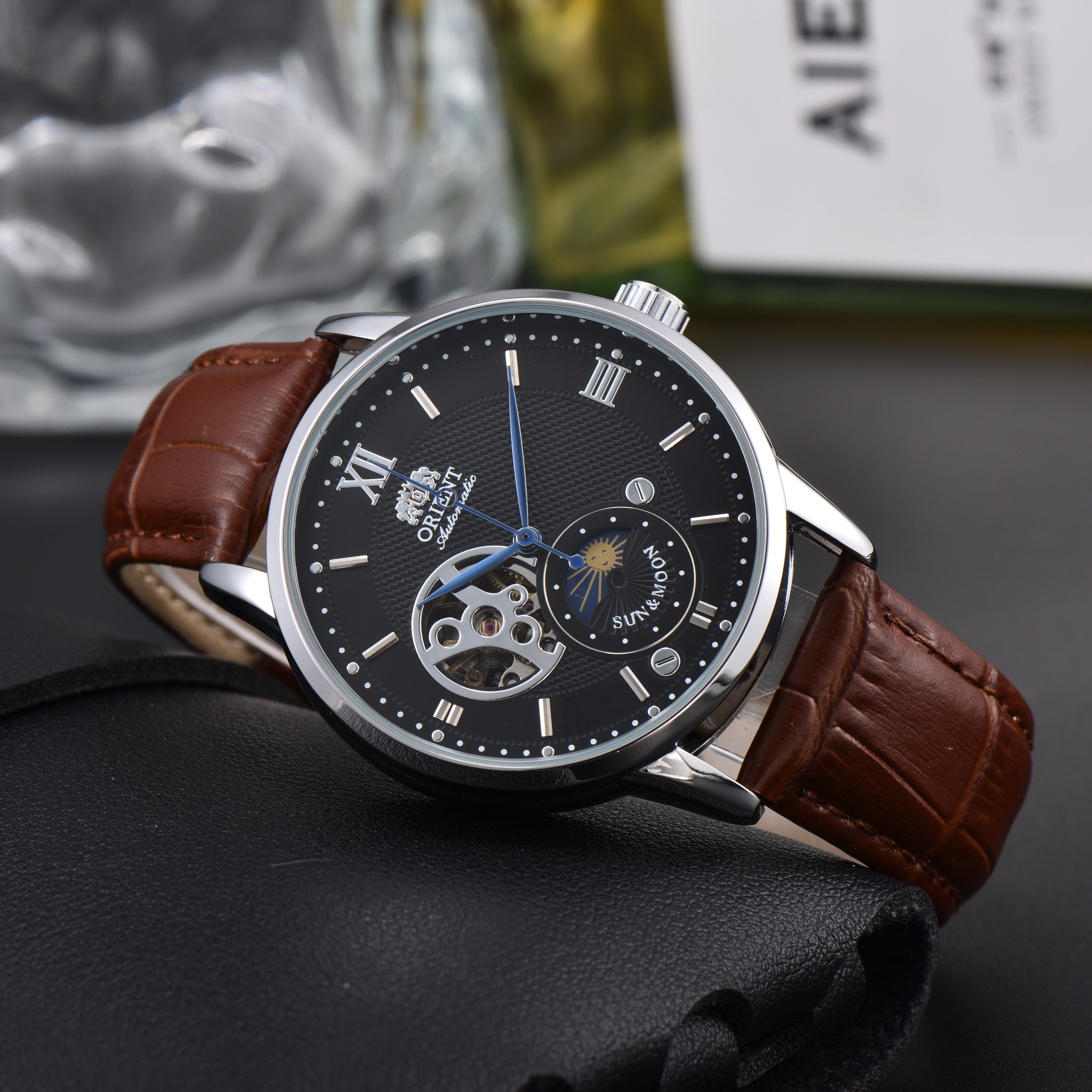 Orient Sun & Moon – montre automatique semi-squelette pour hommes, cadran blanc, bracelet en cuir no